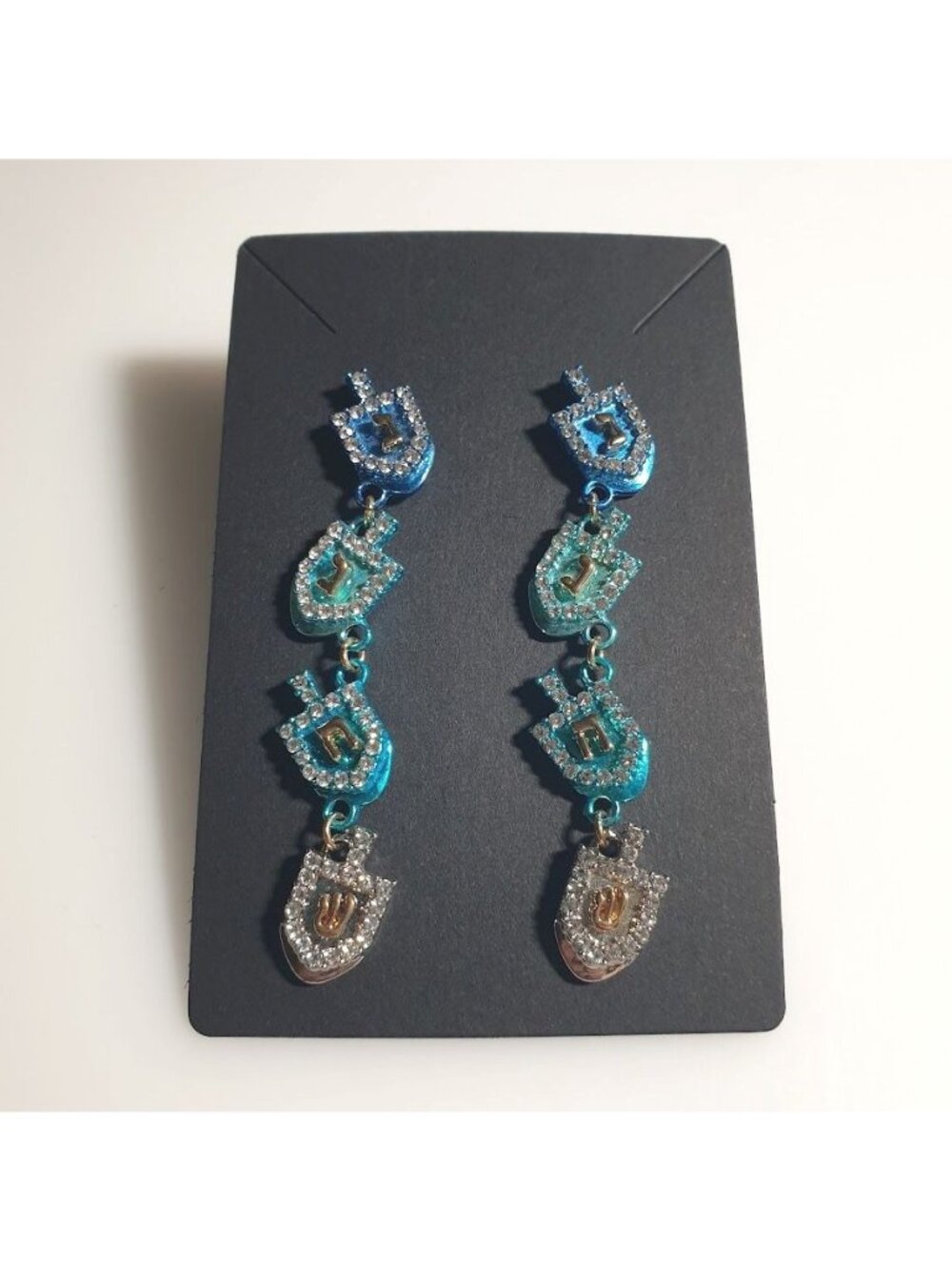 Hanukkah Dreidel Dangle Earrings Crystal Rhinestones Blue Silver 2.5 Inch Drop